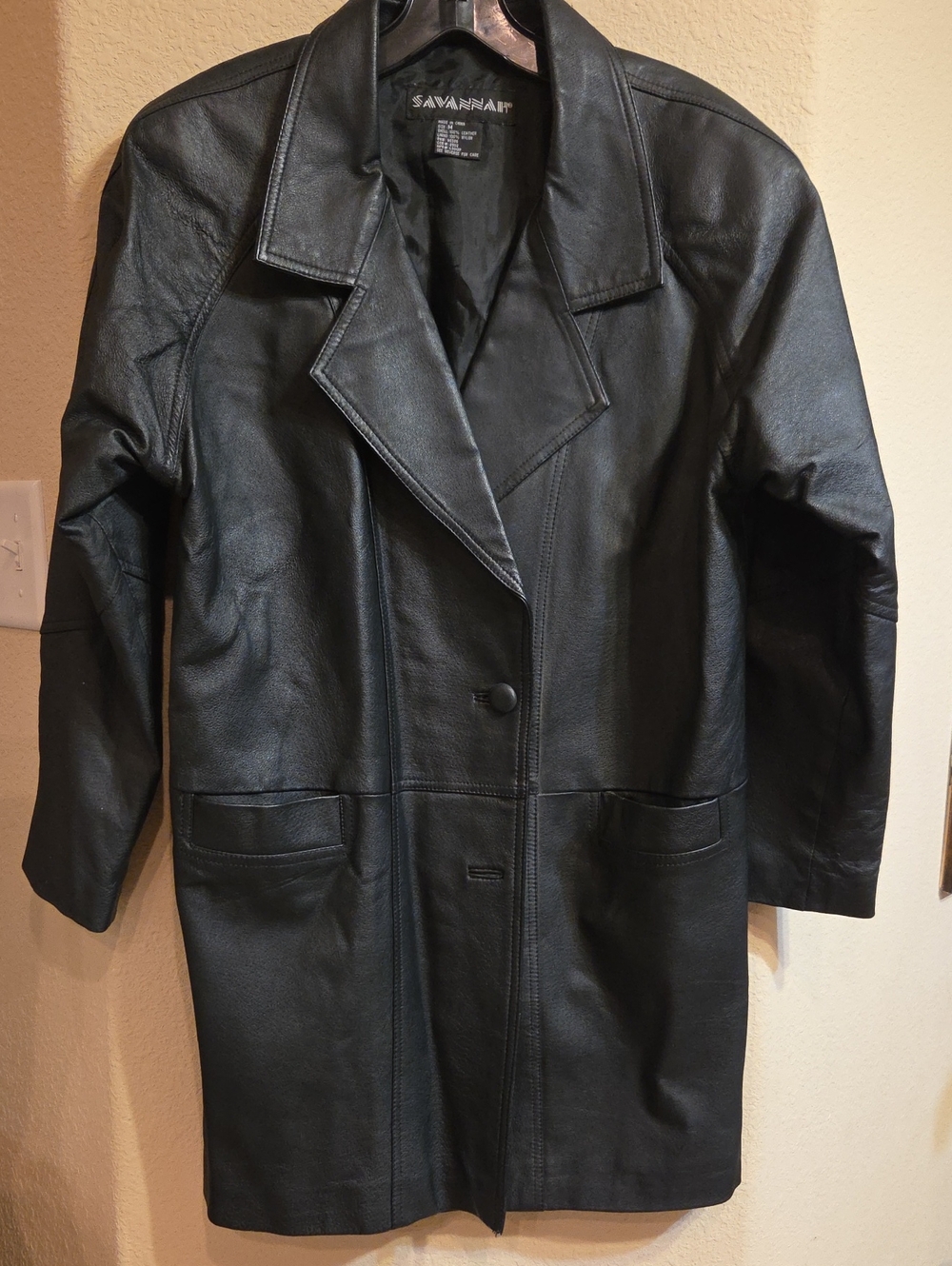 Savannah Black Leather Longline Button Coat